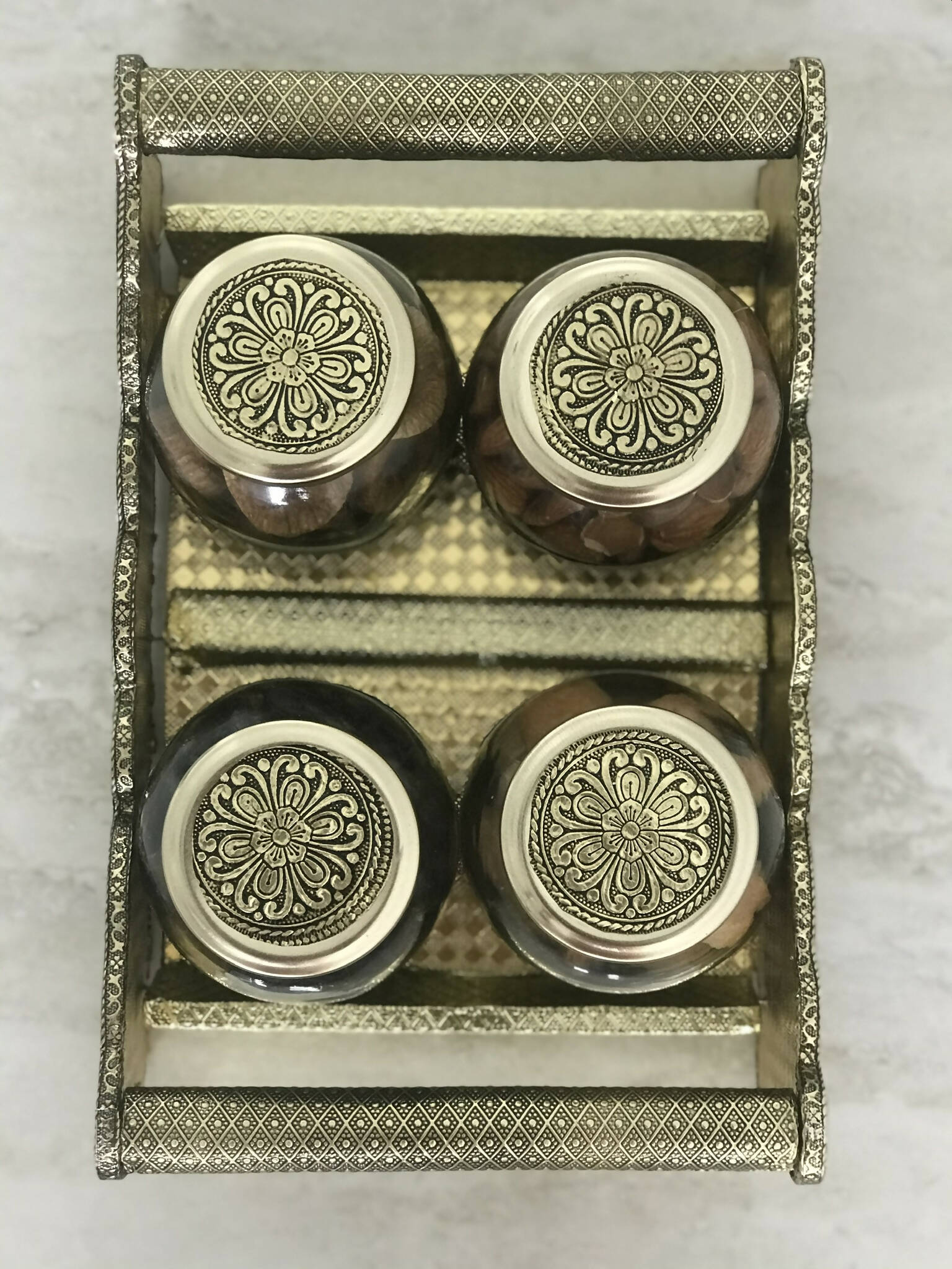 SK Mithaii | Assorted 4 Designed Jar Dry Fruit Tray | Almonds | Apricots | Figs | Black Resins - Distacart