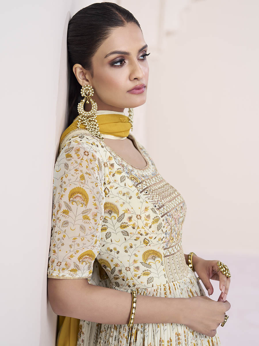 Myra Cream Georgette and Chinon Silk Gown Style Party Wear Suit - Distacart