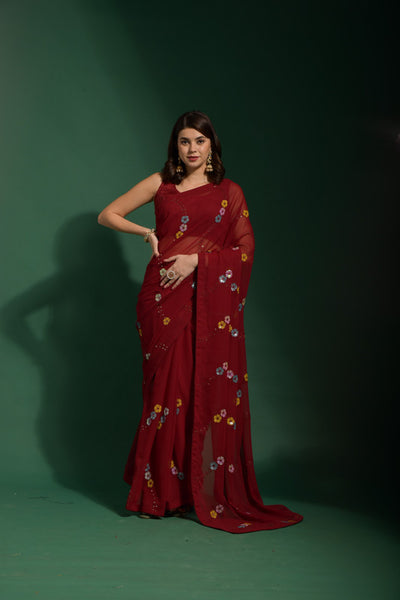 Malishka Women's Georgette Four Colours Sequence Embroidery Work Saree With Blouse Piece - Distacart