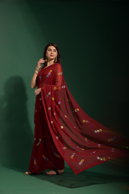 Malishka Women's Georgette Four Colours Sequence Embroidery Work Saree With Blouse Piece - Distacart