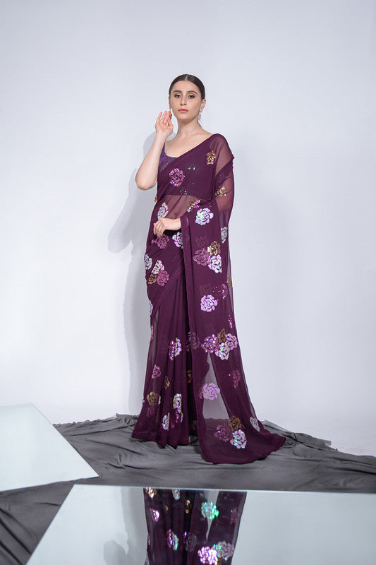 Malishka Women's Georgette Four Colours Sequence Floral Embroidery Work Saree With Blouse Piece - Wine - Distacart