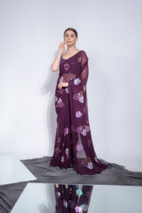 Thumbnail for Malishka Women's Georgette Four Colours Sequence Floral Embroidery Work Saree With Blouse Piece - Wine - Distacart