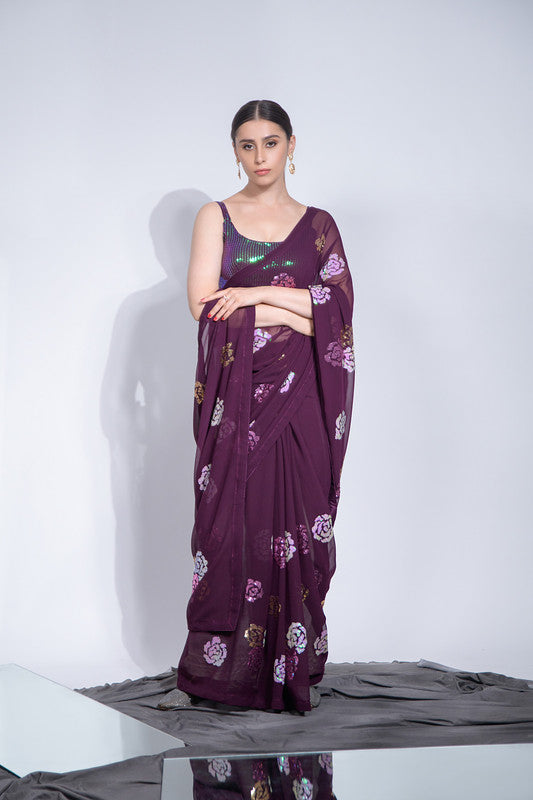 Malishka Women's Georgette Four Colours Sequence Floral Embroidery Work Saree With Blouse Piece - Wine - Distacart