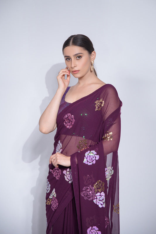 Malishka Women's Georgette Four Colours Sequence Floral Embroidery Work Saree With Blouse Piece - Wine - Distacart