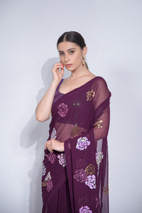 Thumbnail for Malishka Women's Georgette Four Colours Sequence Floral Embroidery Work Saree With Blouse Piece - Wine - Distacart