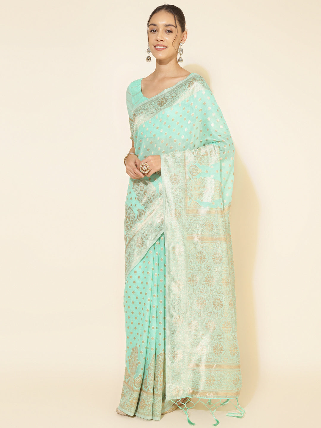 Janasya Sea Green Chanderi Silk Polka Design Woven Design Saree - Distacart