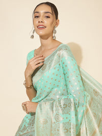 Thumbnail for Janasya Sea Green Chanderi Silk Polka Design Woven Design Saree - Distacart