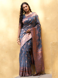 Thumbnail for Janasya Dark Grey Chanderi Silk Ethnic Motifs Woven Design Saree - Distacart