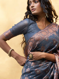 Thumbnail for Janasya Dark Grey Chanderi Silk Ethnic Motifs Woven Design Saree - Distacart