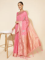 Thumbnail for Janasya Light Pink Chanderi Silk Ethnic Motifs Woven Design Saree - Distacart