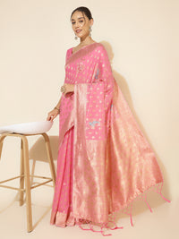 Thumbnail for Janasya Light Pink Chanderi Silk Ethnic Motifs Woven Design Saree - Distacart