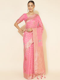 Thumbnail for Janasya Light Pink Chanderi Silk Ethnic Motifs Woven Design Saree - Distacart