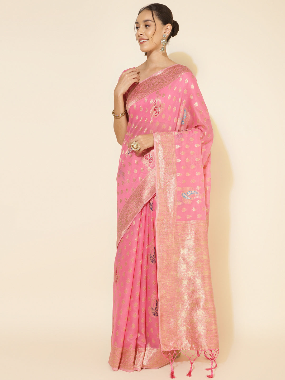 Janasya Light Pink Chanderi Silk Ethnic Motifs Woven Design Saree - Distacart
