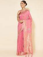 Thumbnail for Janasya Light Pink Chanderi Silk Ethnic Motifs Woven Design Saree - Distacart