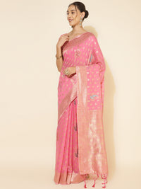 Thumbnail for Janasya Light Pink Chanderi Silk Ethnic Motifs Woven Design Saree - Distacart
