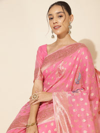 Thumbnail for Janasya Light Pink Chanderi Silk Ethnic Motifs Woven Design Saree - Distacart