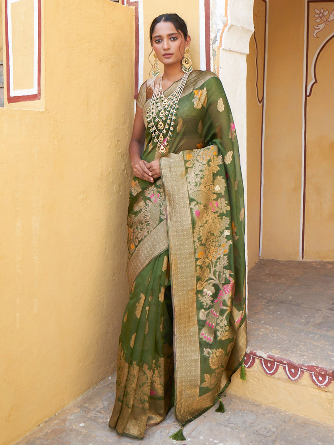 Janasya Mehendi Green Organza Woven Ethnic Kanjeevaram Saree - Distacart