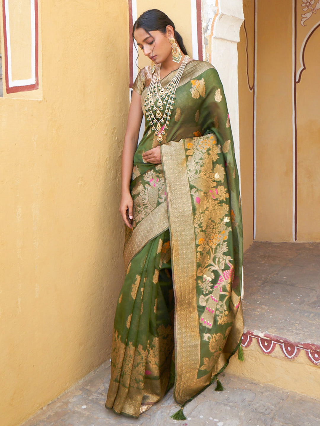 Janasya Mehendi Green Organza Woven Ethnic Kanjeevaram Saree - Distacart