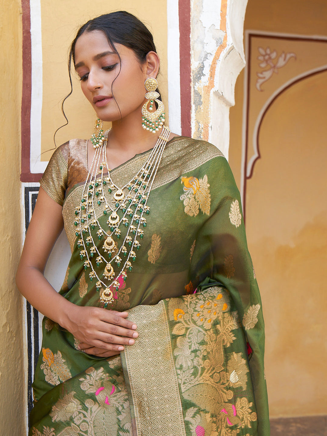 Janasya Mehendi Green Organza Woven Ethnic Kanjeevaram Saree - Distacart