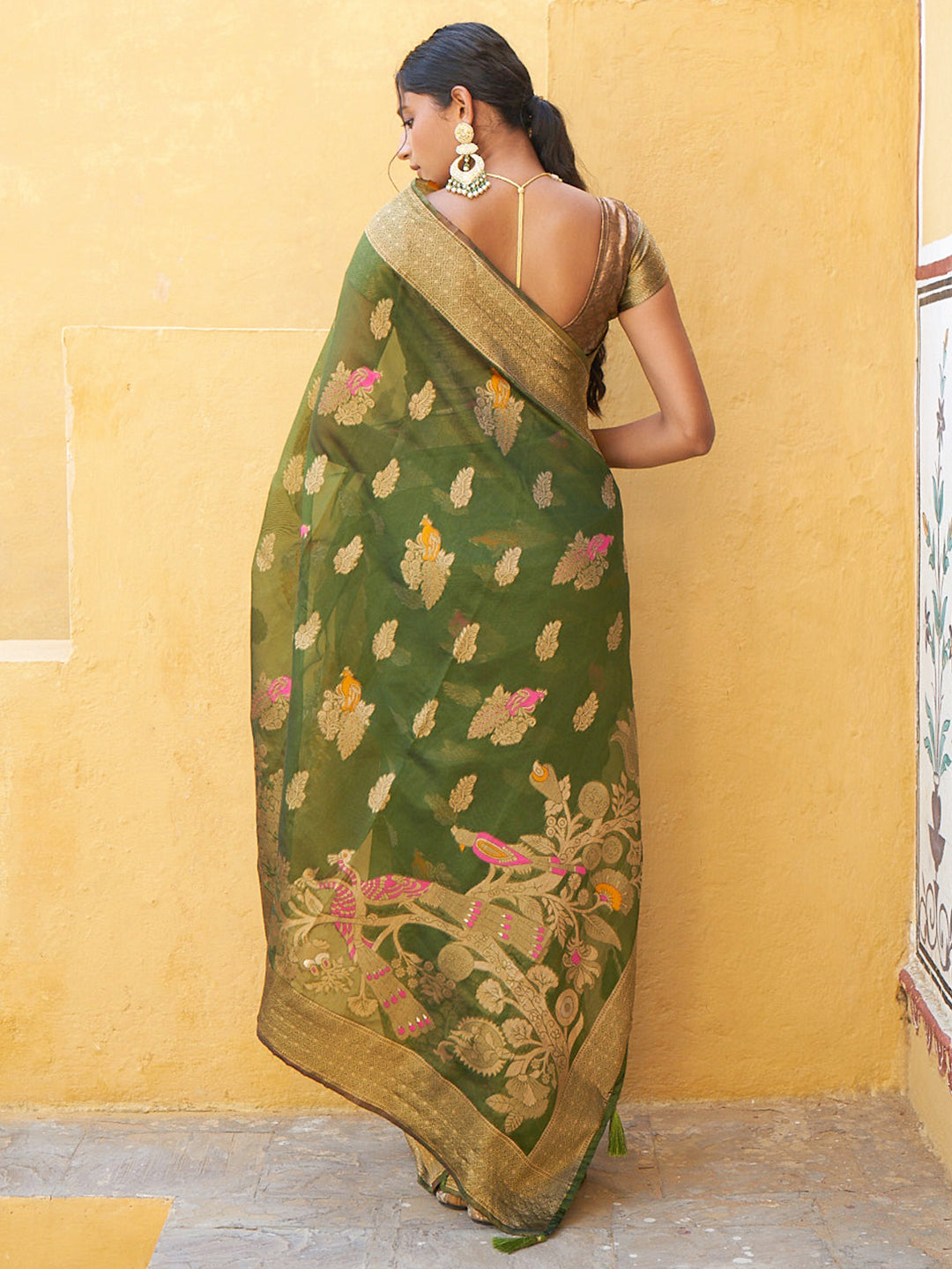 Janasya Mehendi Green Organza Woven Ethnic Kanjeevaram Saree - Distacart