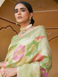 Thumbnail for Janasya Light Green Chanderi Silk Ethnic Motifs Woven Design Saree - Distacart