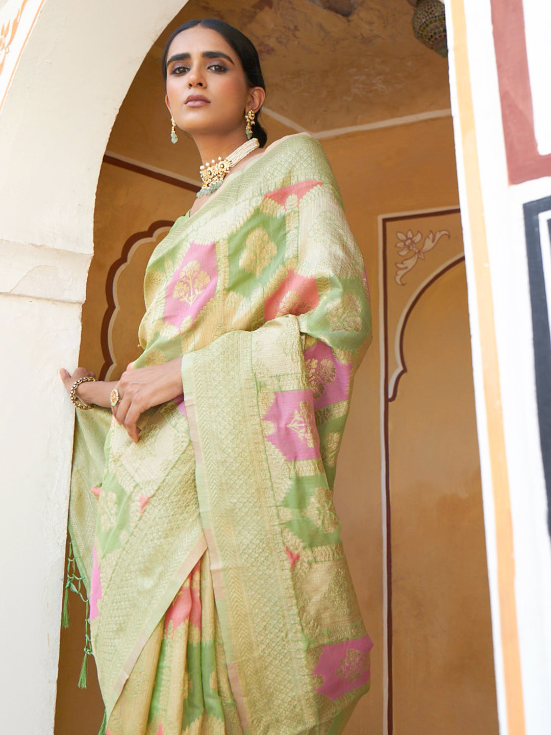 Janasya Light Green Chanderi Silk Ethnic Motifs Woven Design Saree - Distacart