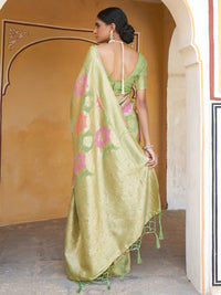 Thumbnail for Janasya Light Green Chanderi Silk Ethnic Motifs Woven Design Saree - Distacart