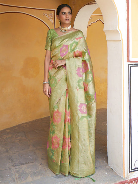 Janasya Light Green Chanderi Silk Ethnic Motifs Woven Design Saree - Distacart