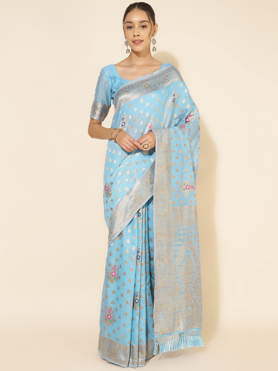 Janasya Sky Blue Chanderi Silk Ethnic Motifs Woven Design Saree - Distacart