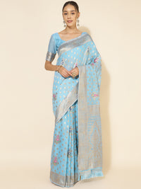Thumbnail for Janasya Sky Blue Chanderi Silk Ethnic Motifs Woven Design Saree - Distacart