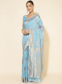 Thumbnail for Janasya Sky Blue Chanderi Silk Ethnic Motifs Woven Design Saree - Distacart