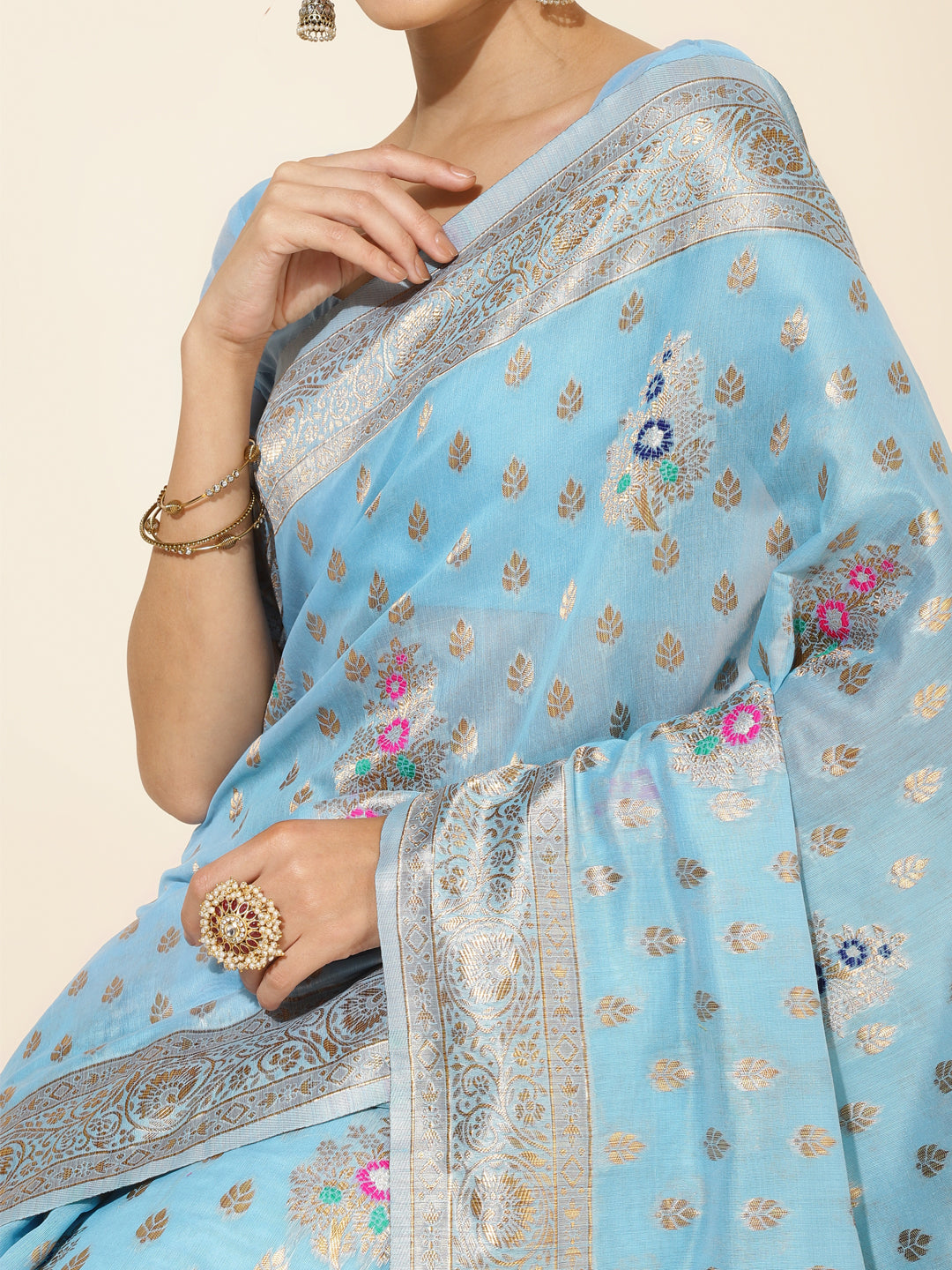 Janasya Sky Blue Chanderi Silk Ethnic Motifs Woven Design Saree - Distacart