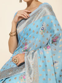 Thumbnail for Janasya Sky Blue Chanderi Silk Ethnic Motifs Woven Design Saree - Distacart