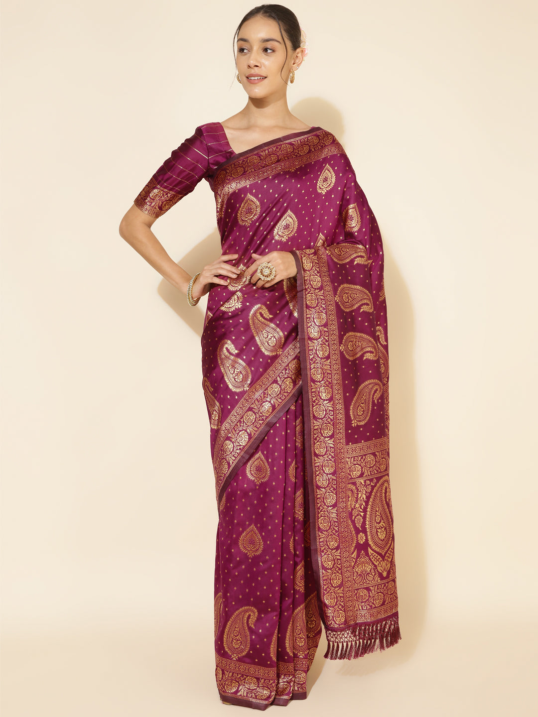Janasya Wine Banarasi Silk Woven Ethnic Motifs Banarasi Silk Saree - Distacart