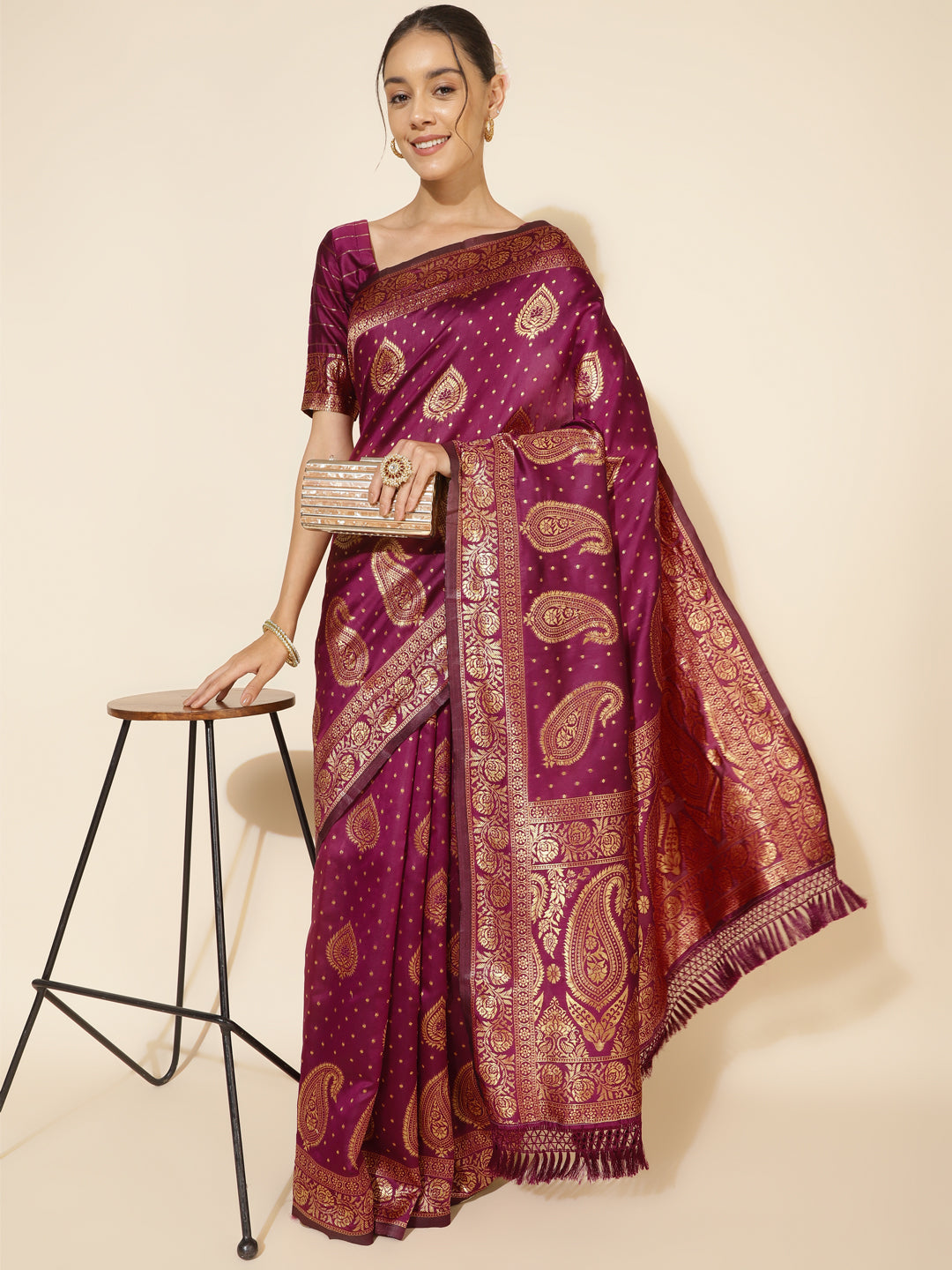 Janasya Wine Banarasi Silk Woven Ethnic Motifs Banarasi Silk Saree - Distacart