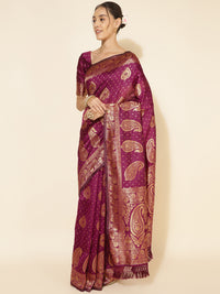 Thumbnail for Janasya Wine Banarasi Silk Woven Ethnic Motifs Banarasi Silk Saree - Distacart