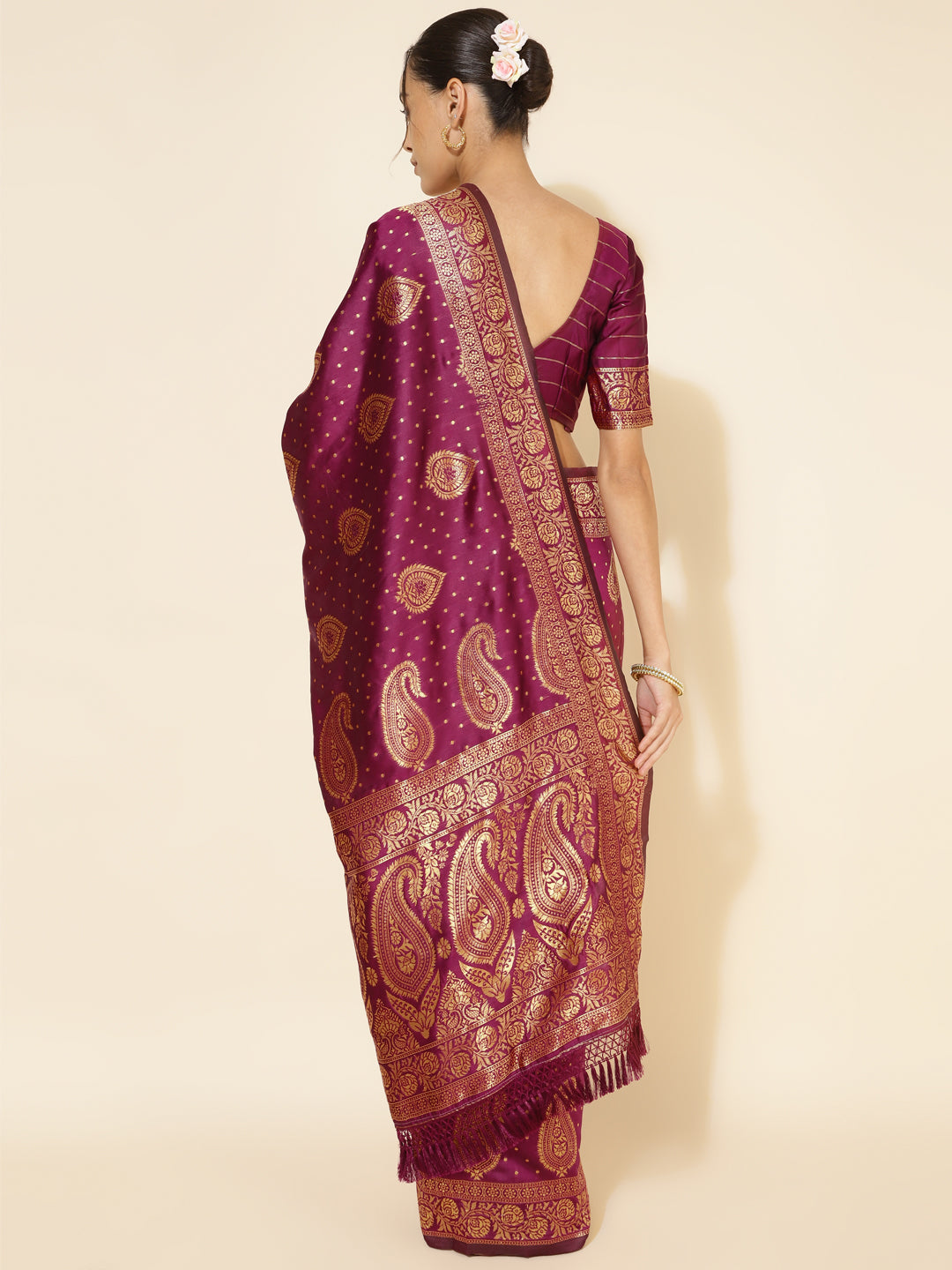 Janasya Wine Banarasi Silk Woven Ethnic Motifs Banarasi Silk Saree - Distacart