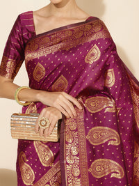 Thumbnail for Janasya Wine Banarasi Silk Woven Ethnic Motifs Banarasi Silk Saree - Distacart
