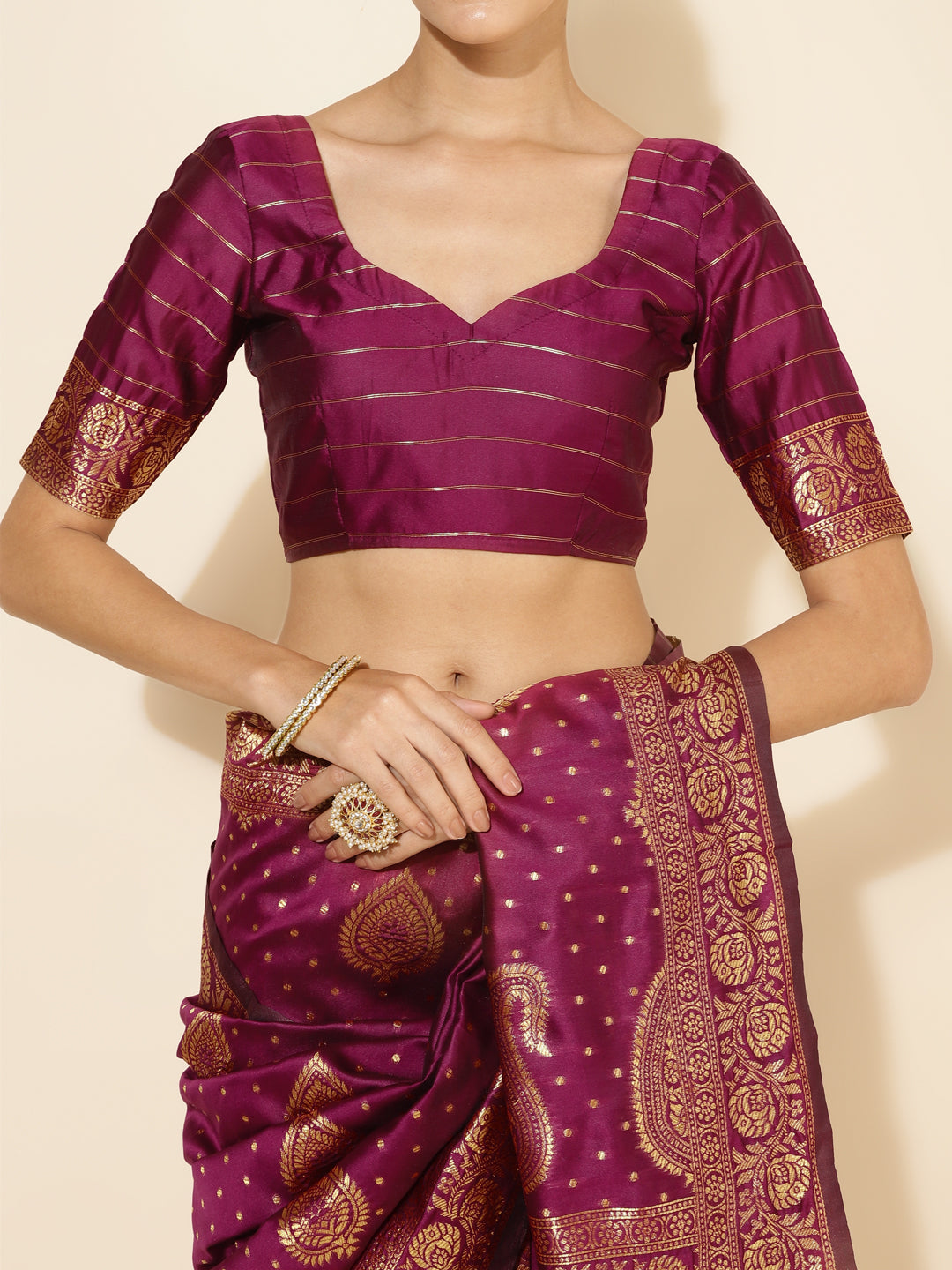 Janasya Wine Banarasi Silk Woven Ethnic Motifs Banarasi Silk Saree - Distacart