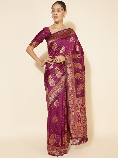Janasya Wine Banarasi Silk Woven Ethnic Motifs Banarasi Silk Saree - Distacart
