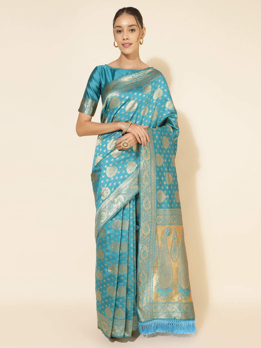 Janasya Turquoise Blue Banarasi Silk Woven Ethnic Motifs Banarasi Silk Saree - Distacart