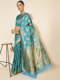 Thumbnail for Janasya Turquoise Blue Banarasi Silk Woven Ethnic Motifs Banarasi Silk Saree - Distacart