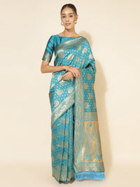 Thumbnail for Janasya Turquoise Blue Banarasi Silk Woven Ethnic Motifs Banarasi Silk Saree - Distacart