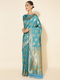 Thumbnail for Janasya Turquoise Blue Banarasi Silk Woven Ethnic Motifs Banarasi Silk Saree - Distacart