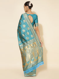 Thumbnail for Janasya Turquoise Blue Banarasi Silk Woven Ethnic Motifs Banarasi Silk Saree - Distacart