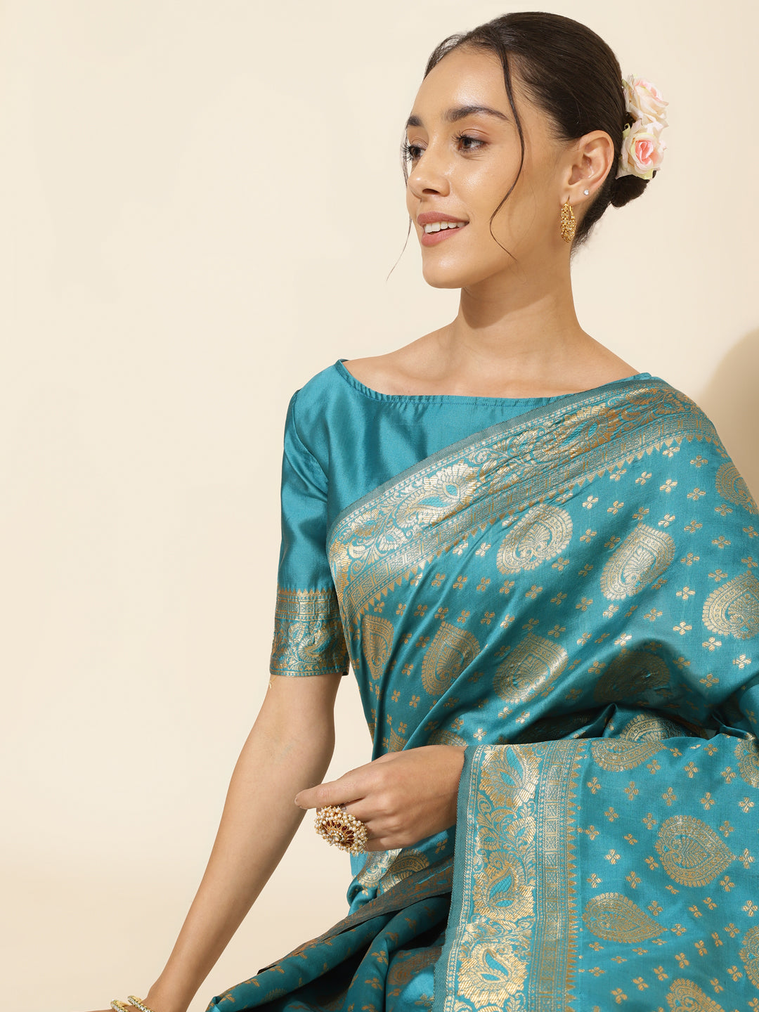 Janasya Turquoise Blue Banarasi Silk Woven Ethnic Motifs Banarasi Silk Saree - Distacart