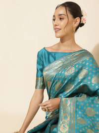 Thumbnail for Janasya Turquoise Blue Banarasi Silk Woven Ethnic Motifs Banarasi Silk Saree - Distacart
