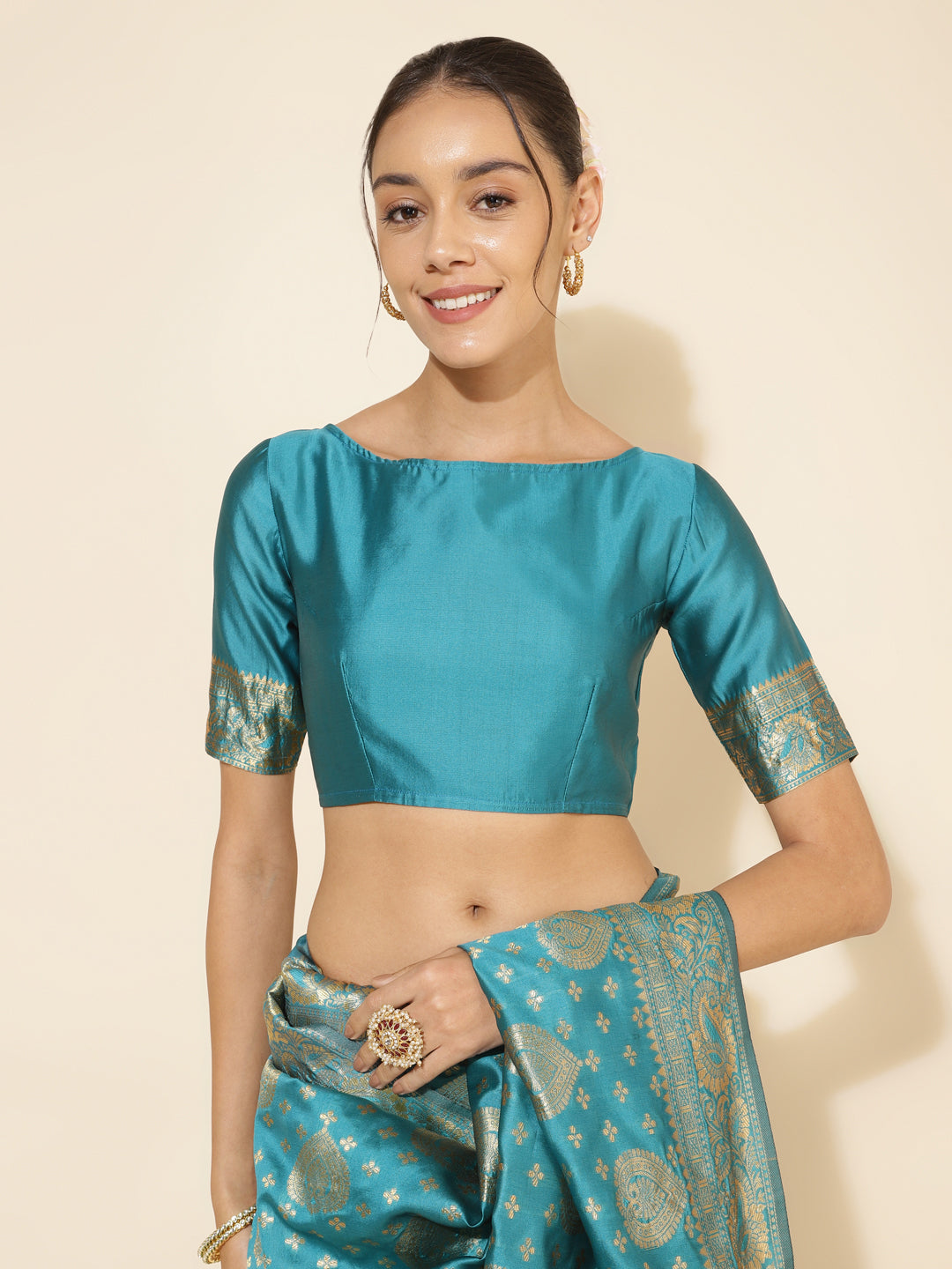 Janasya Turquoise Blue Banarasi Silk Woven Ethnic Motifs Banarasi Silk Saree - Distacart