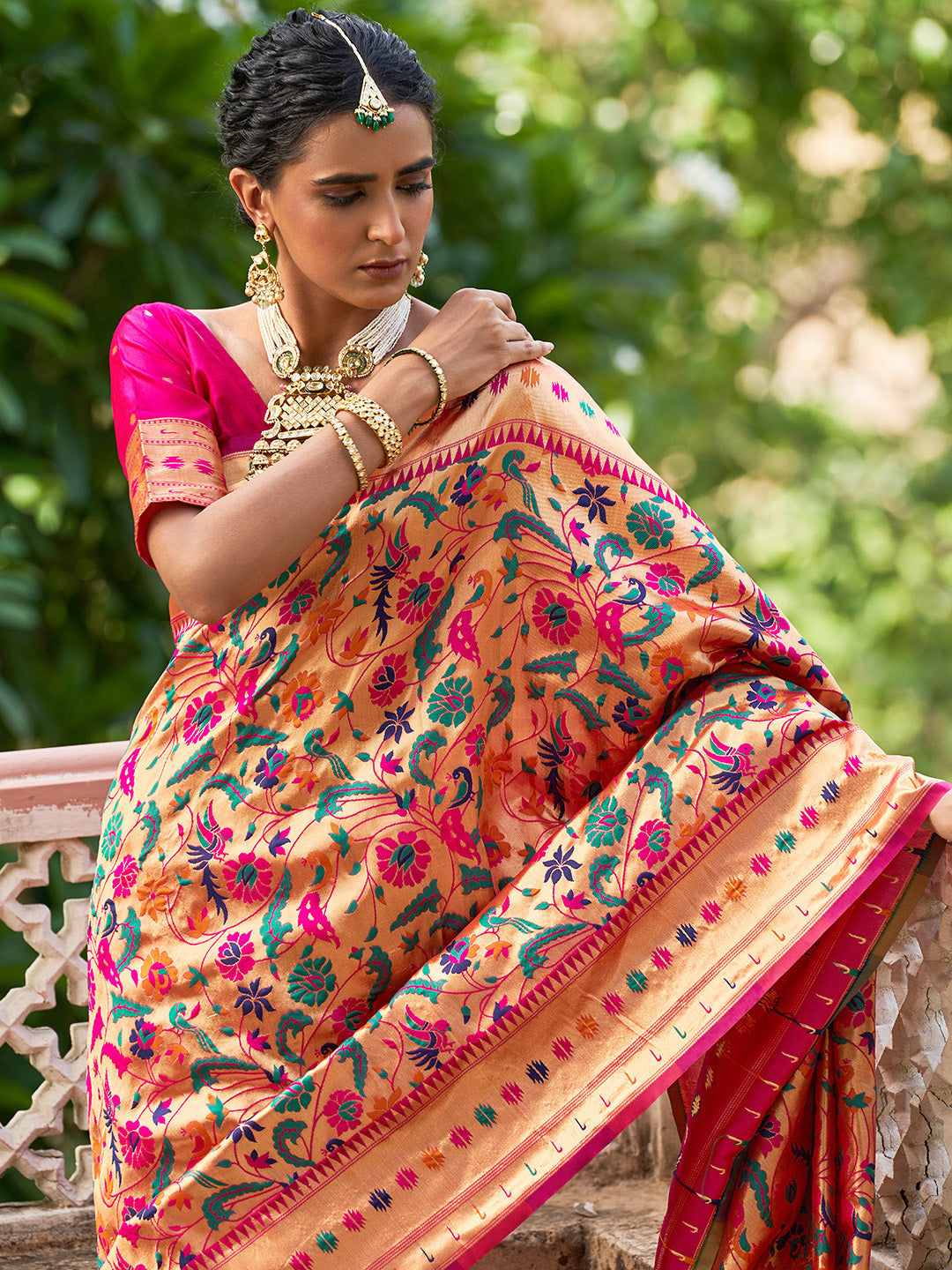 Janasya Pink Paithani Silk Woven Bagh Design Paithani Silk Saree - Distacart