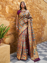 Thumbnail for Janasya Wine Paithani Silk Woven Bagh Design Paithani Silk Saree - Distacart